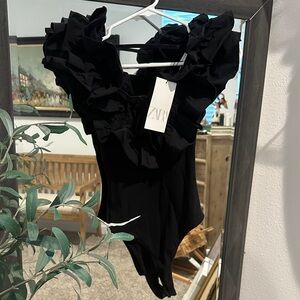 Zara Black Ruffle Detail Bodysuit
